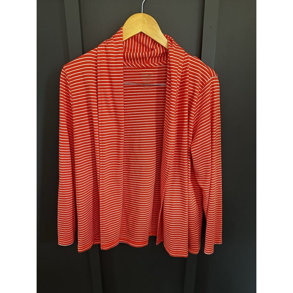LL Bean Pima Cotton Open Cardigan Sweater Size Large Petite Orange Stripe Supima